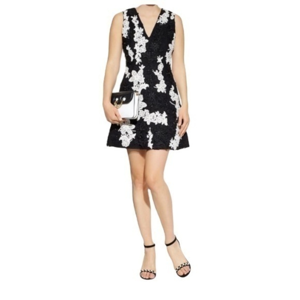 Alice + Olivia sequined embroidered lace flared evening dress with rhinestones